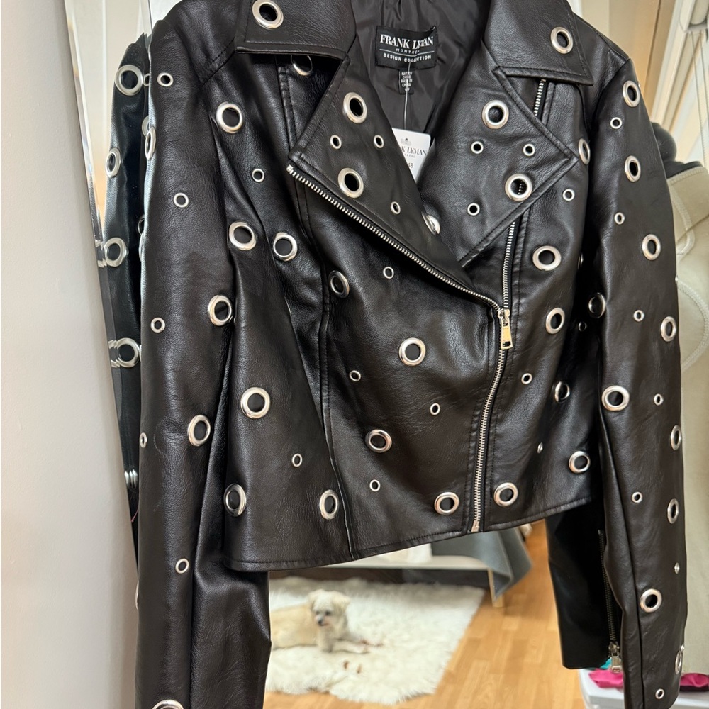 Frank Lyman Design Black Leather Jacket with Eyelet Accents